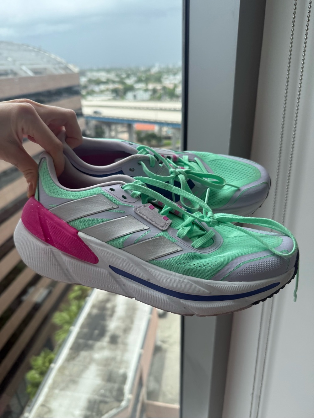 Adidas Women’s Mint Green Running Shoes with Pink and Silver Accents